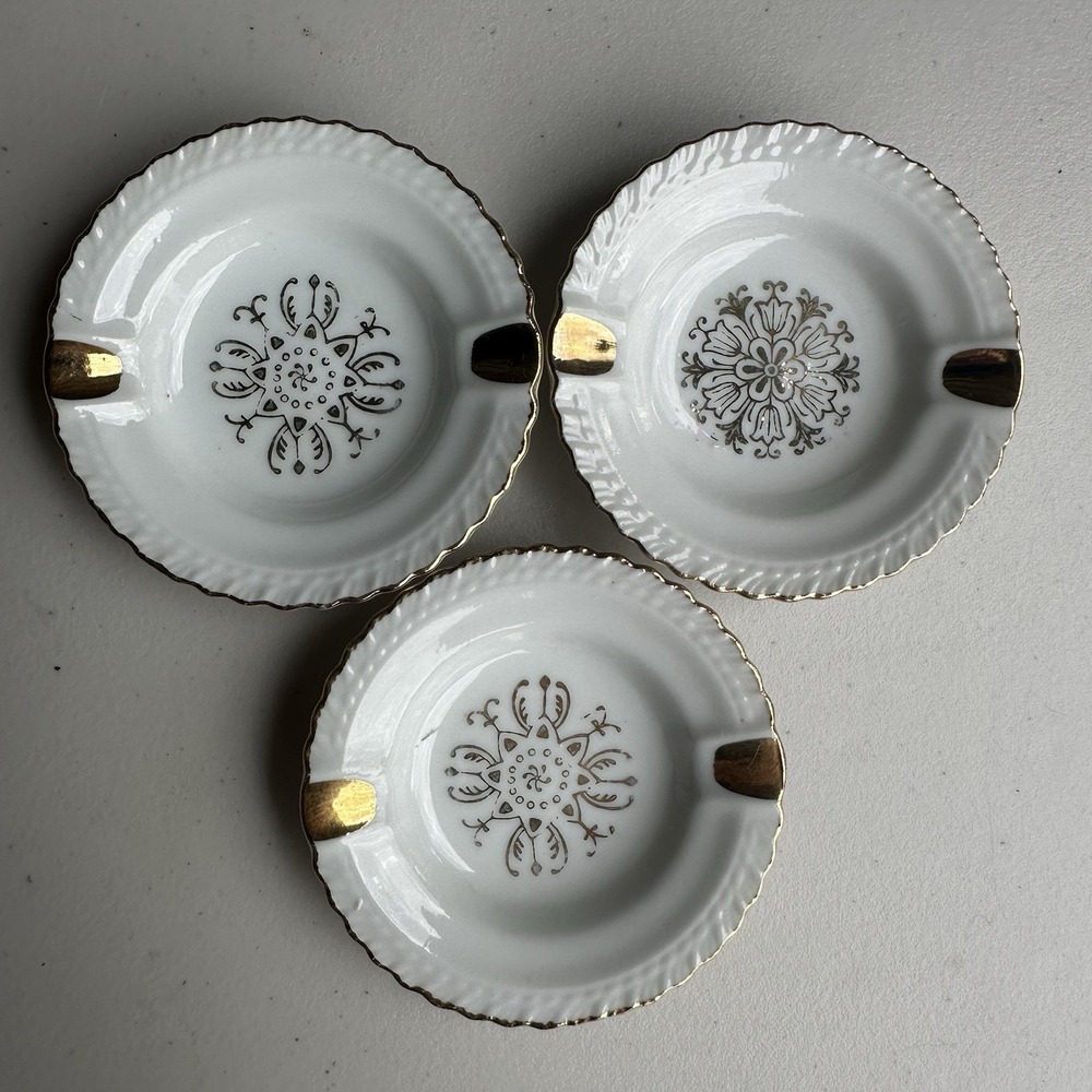 Vintage Set of 3 Mini Personal Ashtrays with Floral Pattern Gold Medallion Boho